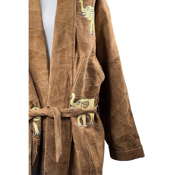 The African Star Long Suede Leather Coat Belted Embroidered Elephants XL Vintage - Picture 3 of 16